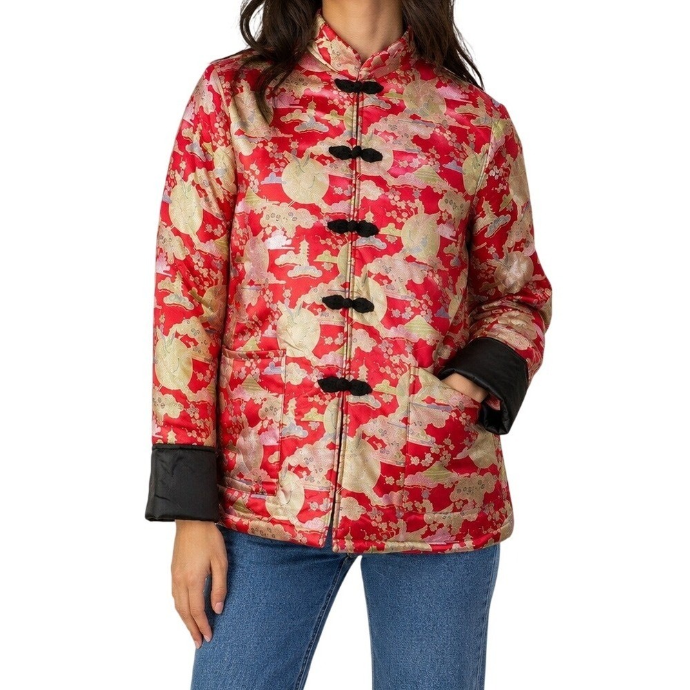 ASOS Red Quilted Oriental Crane Print Jacket Women's 8